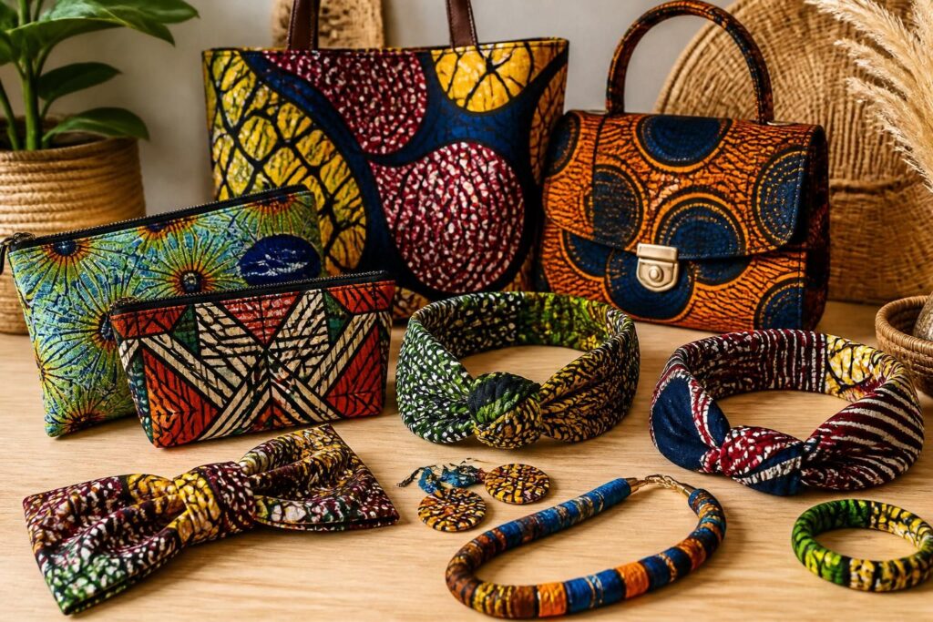 découvrez notre collection d'accessoires en wax et tissus imprimés, faits main avec des couleurs éclatantes pour sublimer votre style unique.